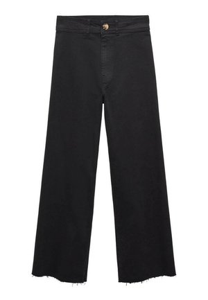 Pantalon noir à taille haute, jambe large, avec fermeture à boutons, passants pour ceinture, et détails d'ourlet brut.
