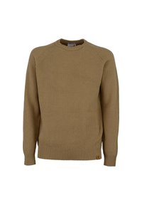 Maglione beige a costine con collo rotondo, maniche lunghe e vestibilità aderente. Presenta un piccolo etichetta con logo sull'orlo e un motivo a maglia testurizzato.