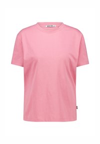 Pink cotton t-shirt with short sleeves, round neckline, and a relaxed fit. Features a label at the neck and a straight hem.