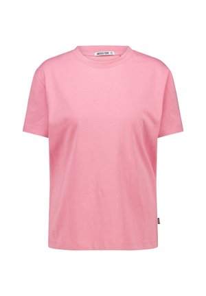 Pink cotton t-shirt with short sleeves, round neckline, and a relaxed fit. Features a label at the neck and a straight hem.