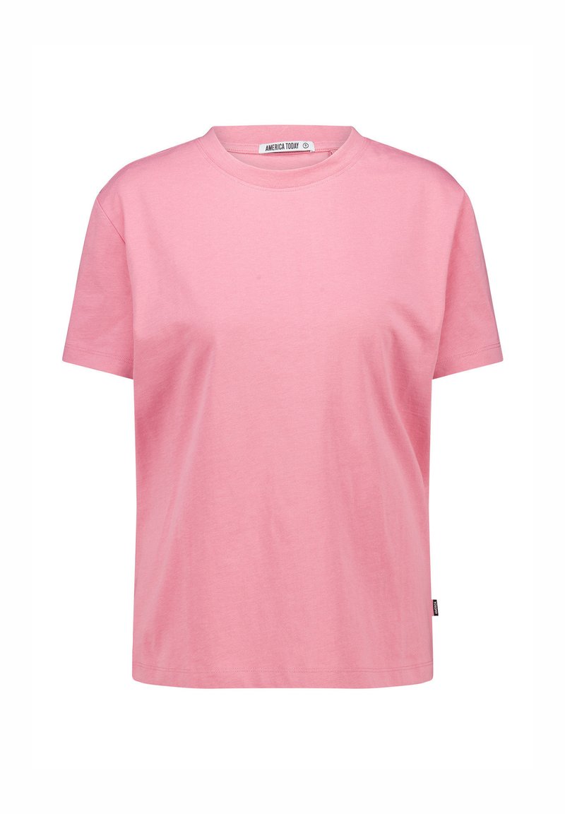 Pink cotton t-shirt with short sleeves, round neckline, and a relaxed fit. Features a label at the neck and a straight hem.