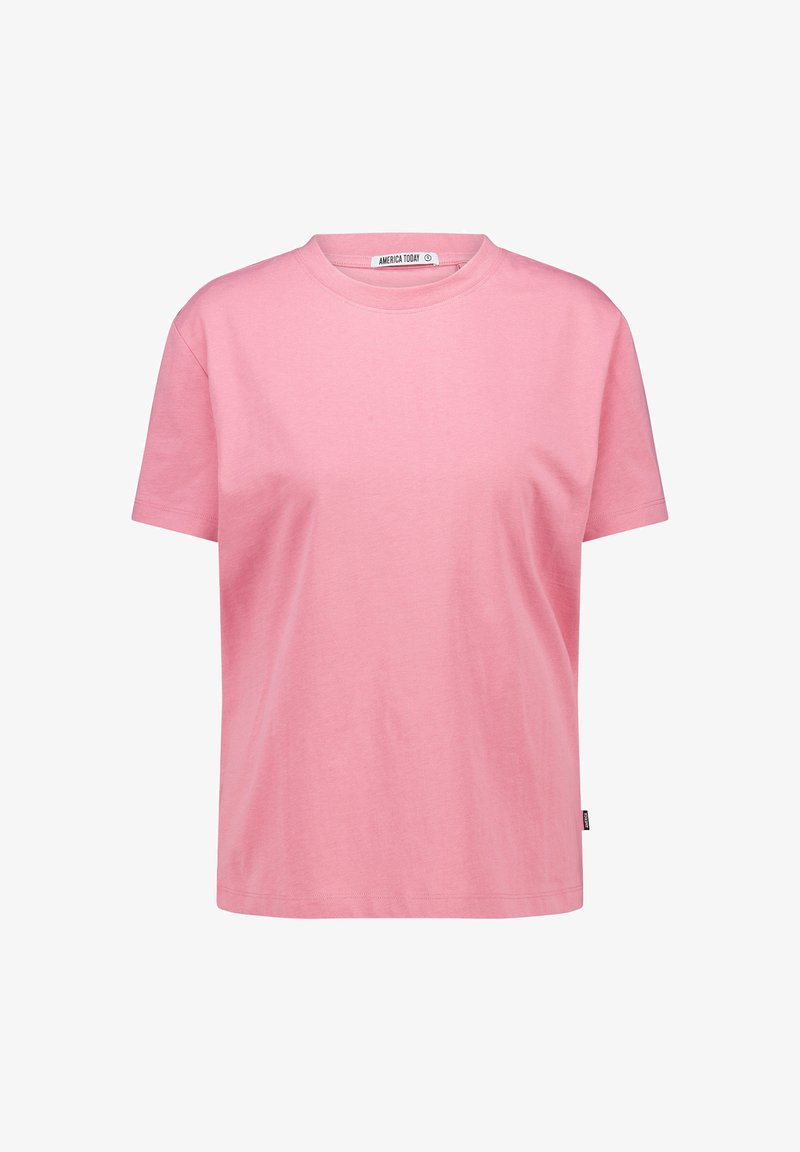 Pink cotton t-shirt with short sleeves, round neckline, and a relaxed fit. Features a label at the neck and a straight hem.