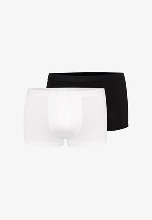 Paar Herren-Boxershorts, eine weiß und eine schwarz, mit weichen elastischen Bund und konturierter Vorderseite.