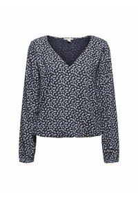 Blusa a maniche lunghe blu navy con motivo floreale bianco e scollatura a V, maniche leggermente arricciate e vestibilità comoda.