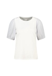T-shirt blanc à manches courtes rayées avec des fines rayures. Encolure ronde, tissu doux en mélange de coton, coupe décontractée, détails minimalistes.