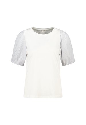 Witte t-shirt met korte, gestreepte mouwen met subtiele streepjes. Rondhals, zachte katoenmix stof, relaxte pasvorm, minimale details.