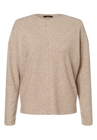 Beige long-sleeve top with a crew neck, featuring a textured striped pattern, relaxed fit, and seam detailing down the back.