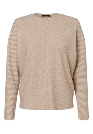 Beige long-sleeve top with a crew neck, featuring a textured striped pattern, relaxed fit, and seam detailing down the back.