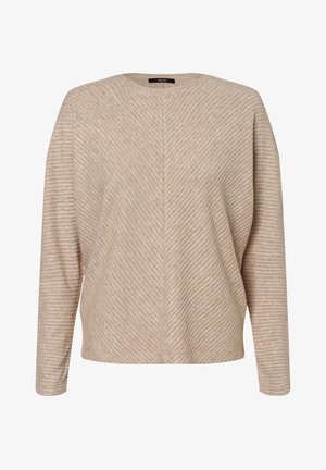 Haut beige à manches longues avec un col rond, présentant un motif rayé texturé, une coupe décontractée et des coutures le long du dos.