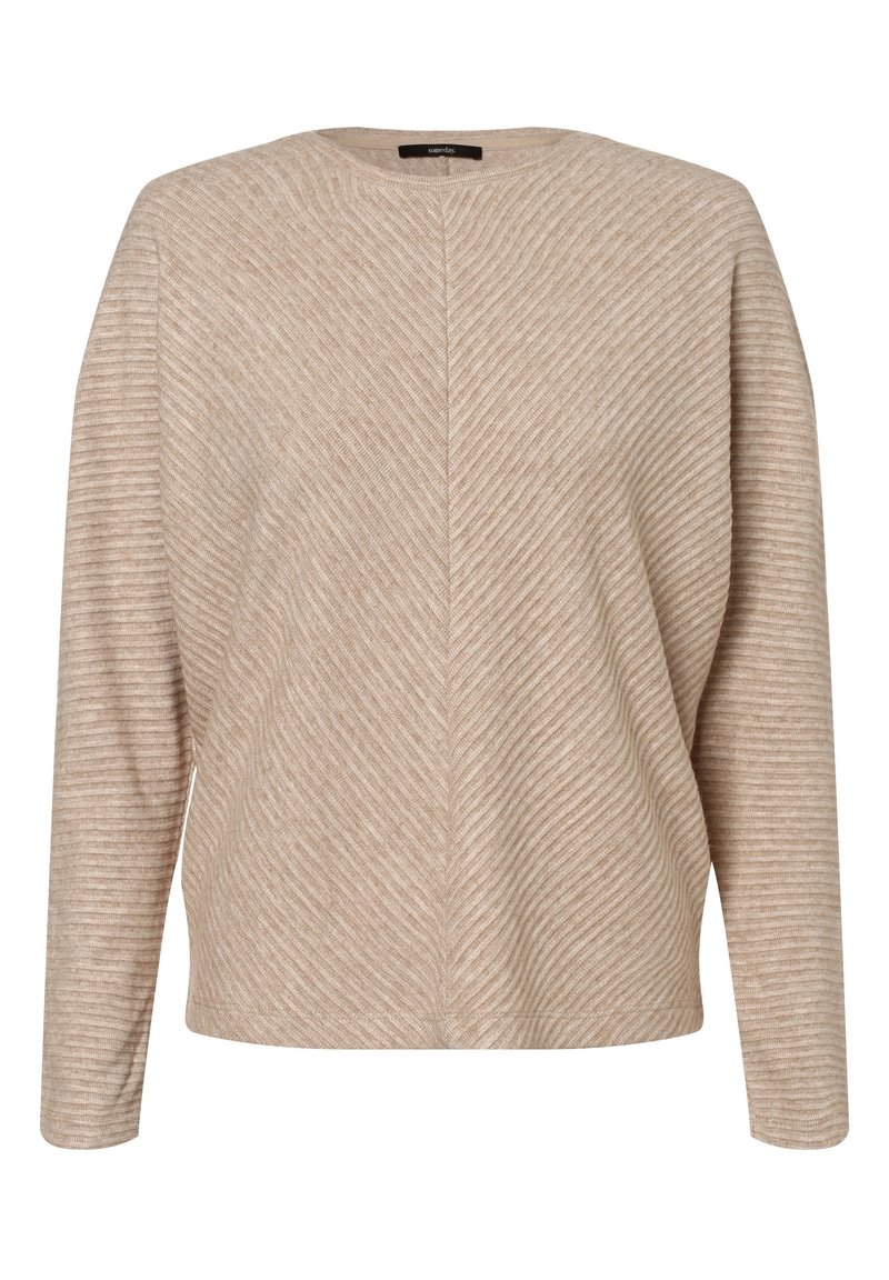 Beige long-sleeve top with a crew neck, featuring a textured striped pattern, relaxed fit, and seam detailing down the back.