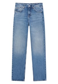 Jean droit en denim bleu avec poches avant, passants pour ceinture et fermeture par bouton, présenté sur fond blanc.