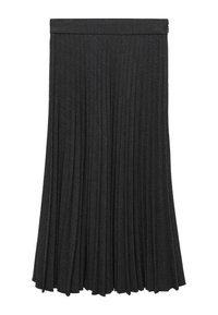 Falda negra plisada hecha de tela texturizada con cintura alta. Presenta un diseño sencillo sin herrajes ni detalles adicionales.
