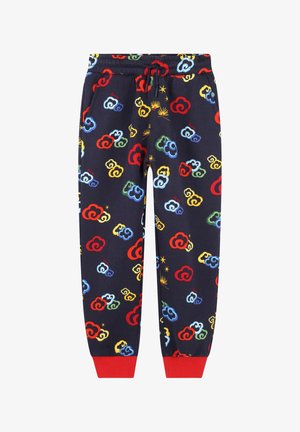 Marineblauwe joggers met een kleurrijk wolkenpatroon in rood, blauw, groen en geel, met elastische boorden en een verstelbare tailleband.