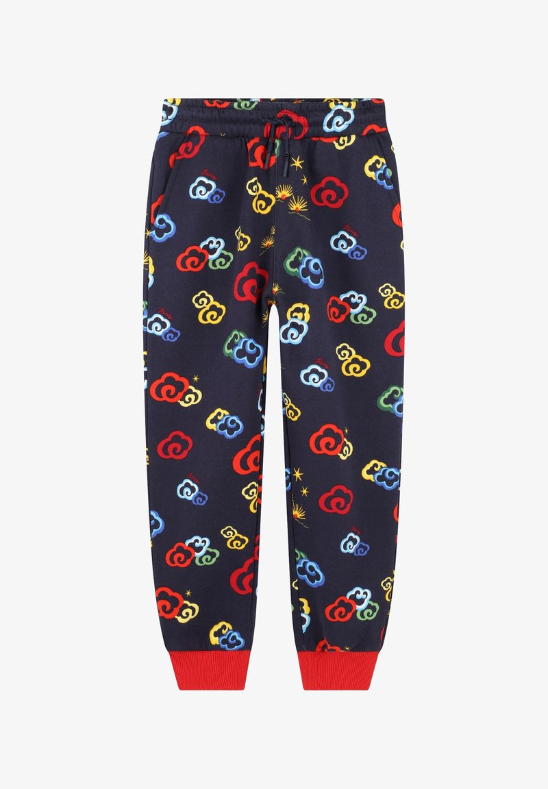 Marineblauwe joggers met een kleurrijk wolkenpatroon in rood, blauw, groen en geel, met elastische boorden en een verstelbare tailleband.
