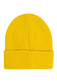 Żółta czapka beanie z prążkowaną teksturą, z wywiniętym mankietem. Wykonana z miękkiego materiału dzianinowego, o zaokrąglonym kształcie korony.