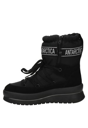 Schwarze Stiefel bis Knöchel mit gepolstertem Schaft, Reißverschluss und Schnürsenkeln. Verfügt über Branding und eine strukturierte Gummisohle für besseren Halt.