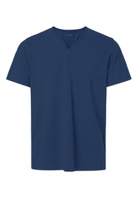 Námořnická modrá pánská tričko s krátkým rukávem a výstřihem do V, vyrobené z měkké bavlny, s uvolněným střihem a decentními švy.