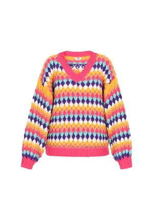 Chunky Strick-V-Ausschnitt-Pullover mit lebhaftem Rautenmuster in Pink, Gelb, Lila, Türkis, Weiß und Orange, mit gerippten Bündchen und Saum.