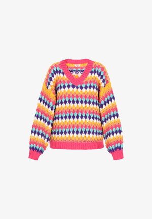 Chunky gebreide V-hals trui met een levendig diamantenpatroon in roze, geel, paars, turquoise, wit en oranje, met geribbelde manchetten en zoom.