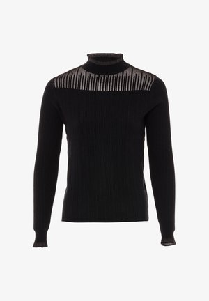 Schwarzer gerippter Rollkragenpullover mit transparentem Einsatz und vertikalen Streifen sowie Spitzeneinsätzen an den Ärmeln.