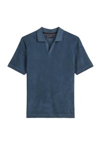 Donkerblauwe polo gemaakt van zacht materiaal, met een ontspannen kraag, korte mouwen en een subtiele textuur met een klein logopatch aan de zoom.