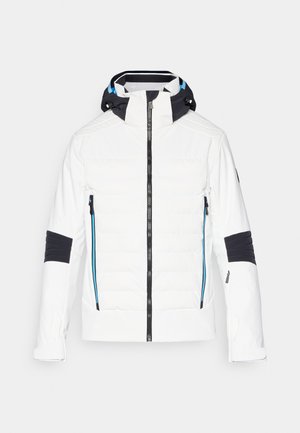 Weiße isolierte Jacke mit einer schwarz-blauen Kapuze, Reißverschluss vorne, seitlichen Taschen und gerippten Bündchen. Besitzt ein elegantes, modernes Design.