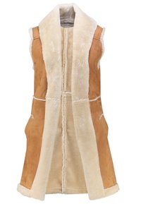 Brun mocka väst med en krämfärgad imiterad pälskrage och detaljer, med rak passform, öppen framsida och sidofickor.