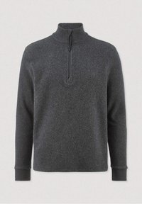Dunkelgrauer Fleece-Pullover mit langen Ärmeln, halbem Reißverschluss, hohem Kragen und gerippten Bündchen.