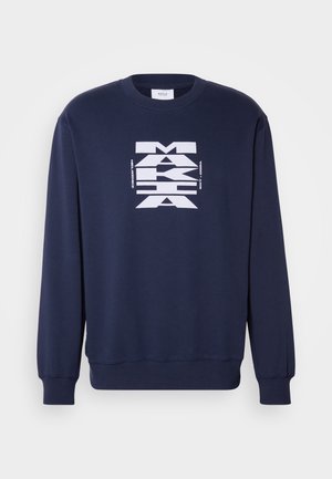 Navy blue sweatshirt made of cotton, featuring a large white graphic print on the front. Long sleeves with ribbed cuffs and hem.