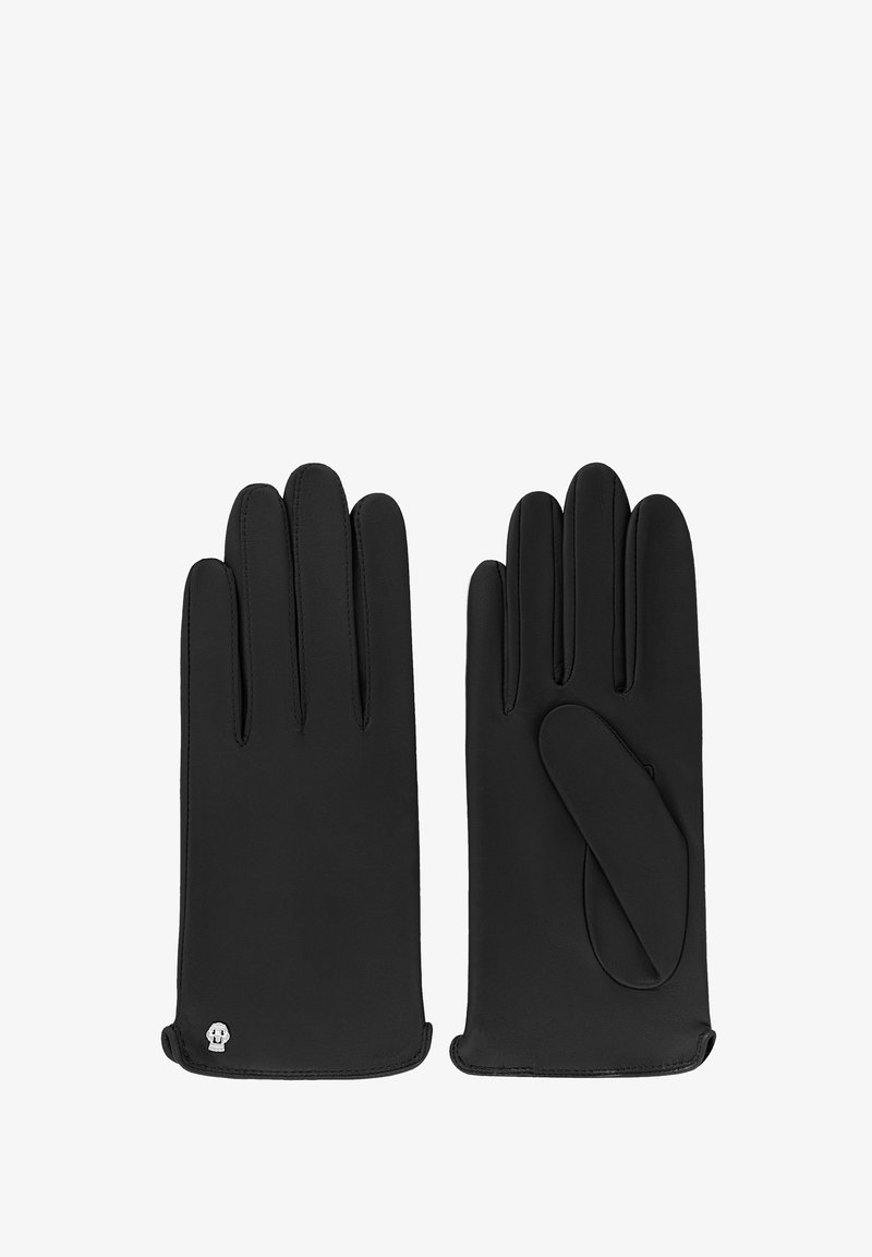 Schwarze Lederhandschuhe mit Fünf-Finger-Design, glatter Textur und genähten Nähten. Mit einem Logo-Akzent im Handgelenkbereich.