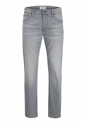 Jeans homme gris clair à jambes droites avec bouton et fermeture éclair à l'avant, passants de ceinture et légère décoloration sur les cuisses.