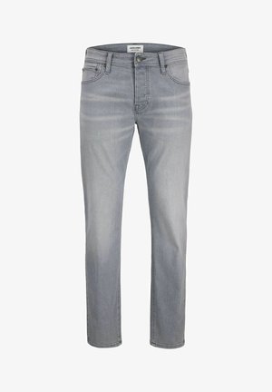 Jeans homme gris clair à jambes droites avec bouton et fermeture éclair à l'avant, passants de ceinture et légère décoloration sur les cuisses.