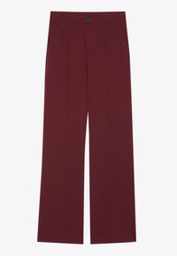 Burgundské kalhoty širokého střihu s knoflíkovým zapínáním, dvěma postranními kapsami, předními sklady a hladkým povrchem. Střižený design pro pohodlné nošení.
