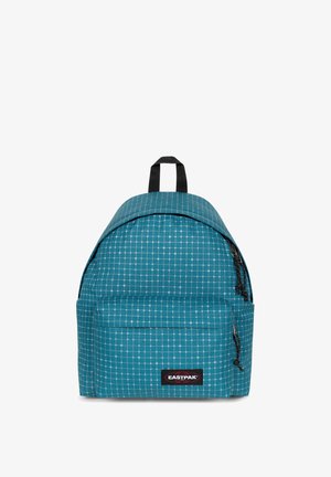 Zaino teal con un motivo a griglia, dotato di una maniglia superiore, cerniera nera e tasca frontale. Tessuto resistente con una superficie liscia.
