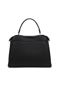 Borsa a mano in pelle nera con una forma strutturata, superficie texturizzata e doppi manici superiori. Presenta delicati dettagli in metallo dorato.