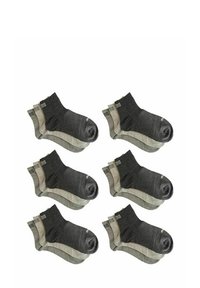 Sechs Paar Knöchelsocken in Dunkelgrau und Hellgrau, aus einer Baumwollmischung, mit geripptem Bündchen und verstärkter Spitze für zusätzliche Langlebigkeit.