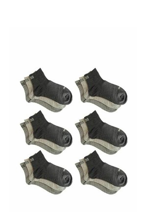 Six pairs of ankle socks in dark gray and light gray, cotton blend, featuring a ribbed cuff and reinforced toe for durability.