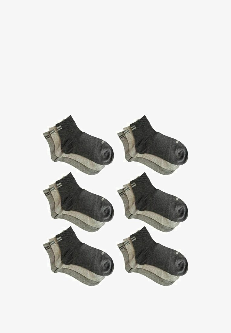 Sechs Paar Knöchelsocken in Dunkelgrau und Hellgrau, aus einer Baumwollmischung, mit geripptem Bündchen und verstärkter Spitze für zusätzliche Langlebigkeit.