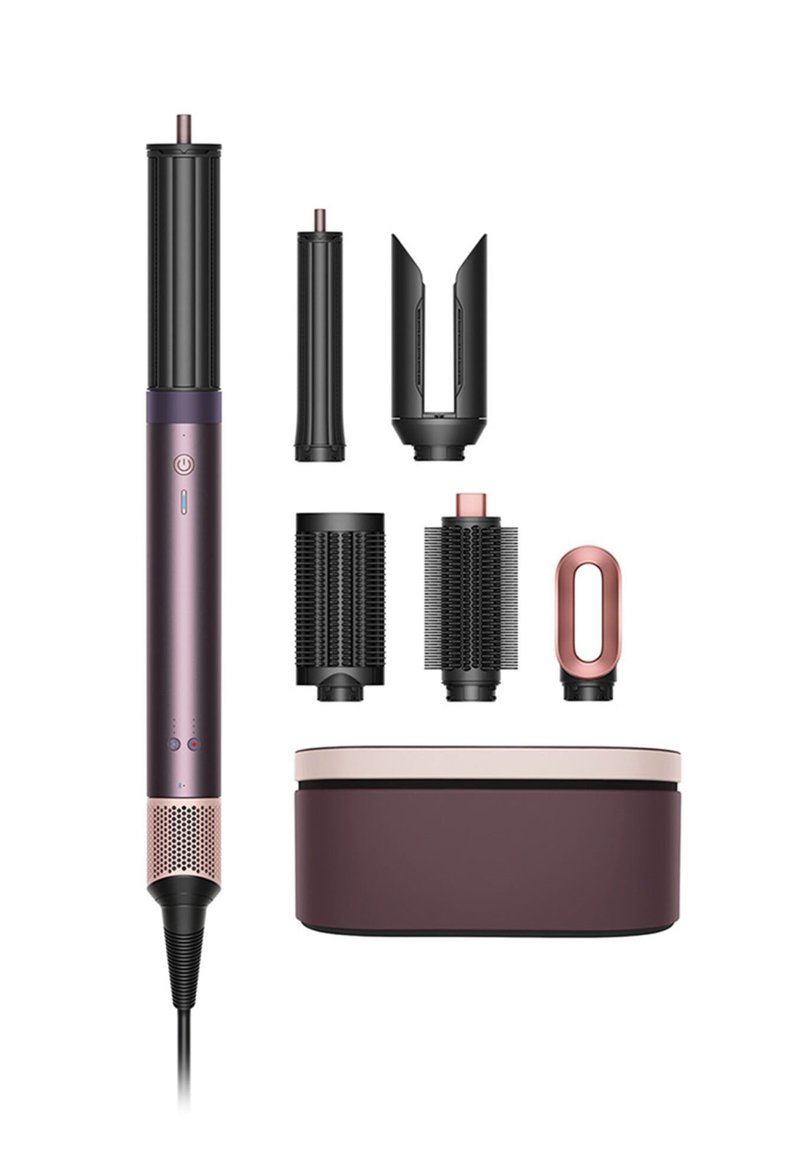 Multifunctionele haarstylingtool in matzwart en roségoud met verschillende afneembare accessoires. Inclusief een compacte opbergtas.