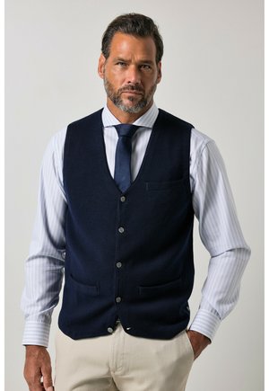 Uomo con barba che indossa un gilet blu navy sopra una camicia azzurra a righe e cravatta blu scuro, con pantaloni beige, in piedi davanti a uno sfondo semplice.