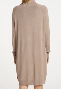 Beige neulemekko, jossa on korkea kaulus, pitkät hihat ja löysä istuvuus. Ominaisuuksia ribbikuvio ja sivuhalkiot helmassa.
