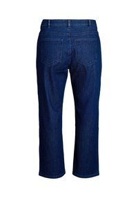 Sinine denimpüksid, lühendatud pikkusega, vertikaalsete valgete triipudega, mida iseloomustab vöökoht, kaks tagumist taskut ja sirge jalgade lõige.