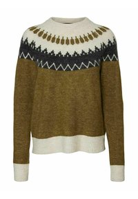 Pull en tricot avec un col rond, présentant un corps marron, un empiècement à motifs blancs et gris, et un ourlet et des poignets en côtes de couleur blanche contrastante.