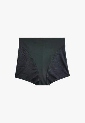 Costume de baie negre, cu o textură netedă și panouri laterale cu un model într-o nuanță mai închisă, concepute pentru a oferi o siluetă ajustată.