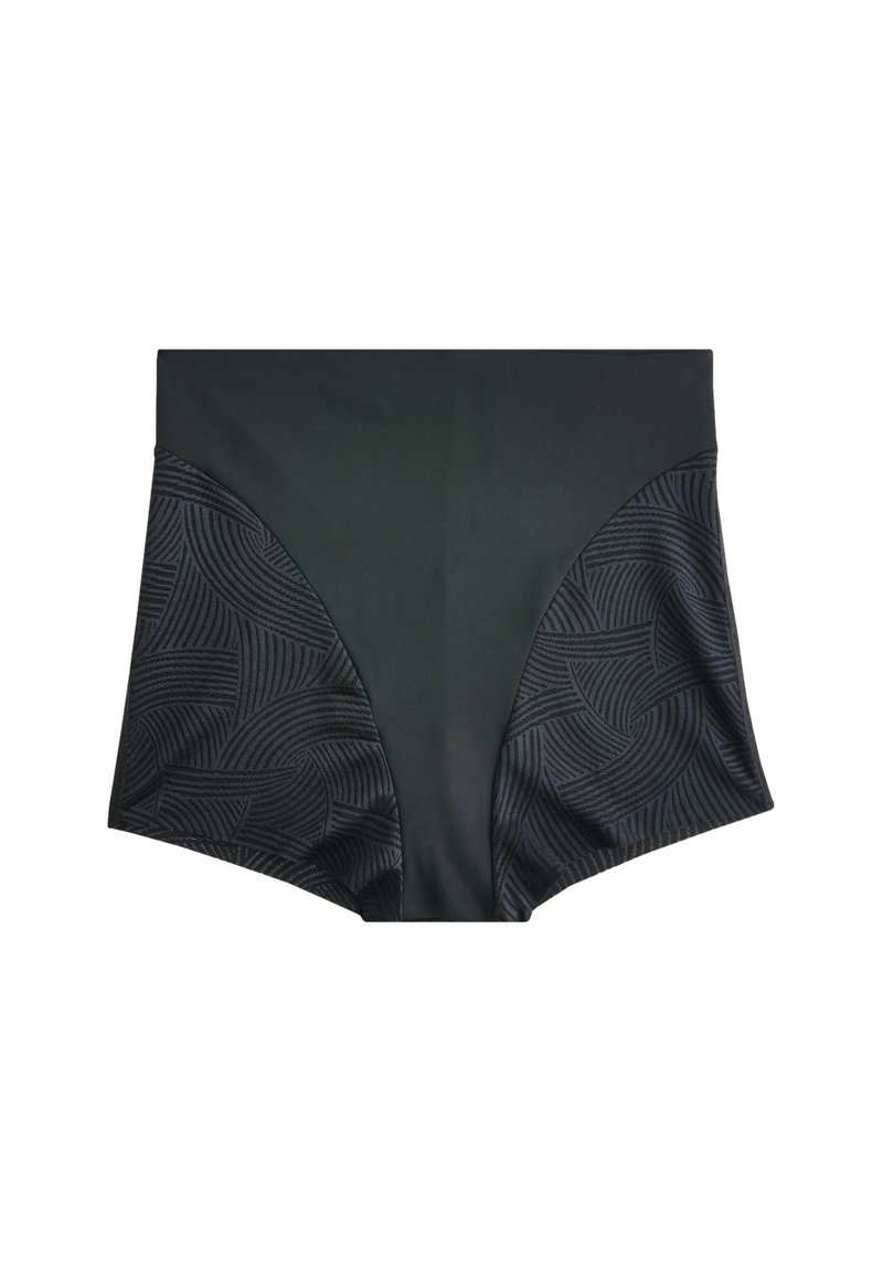 Schwarze Badehosen mit glatter Textur und seitlichen Einsätzen in einem dunkleren Farbton, entworfen für eine sitzende Silhouette.