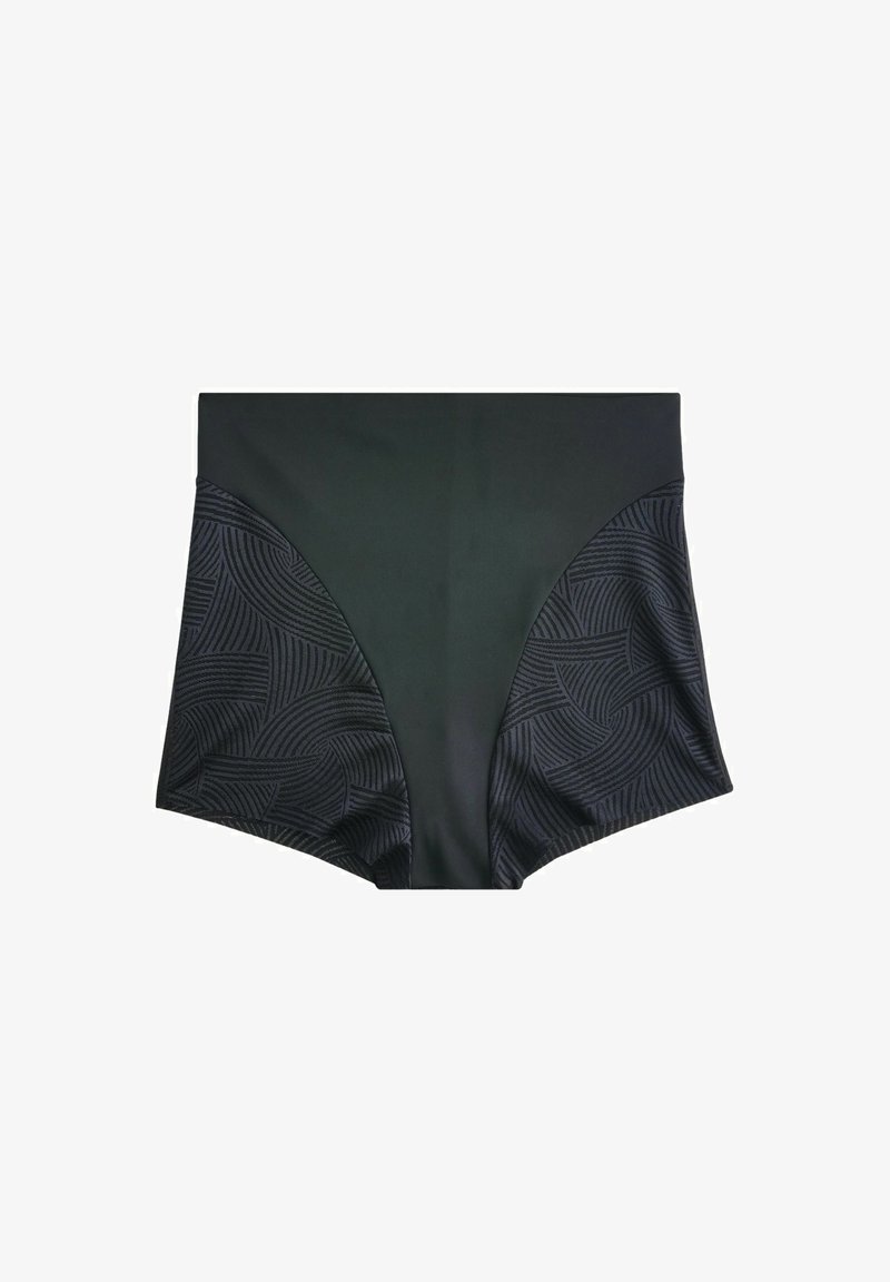 Black swim shorts featuring a smooth texture with patterned side panels in a darker shade, designed for a fitted silhouette.