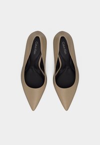 Paire de ballerines pointues beige Calvin Klein avec semelles intérieures noires, vues de dessus sur un fond gris clair.