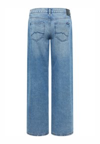 Gaiši zili plašām kājām džinsi no džinsa auduma ar divām aizmugurējām kabatām, kurām ir zigzaga šuvuma raksts, un teksturētu jostasvietas etiķeti.