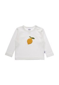 Weißes Langarmshirt mit einem gelben gestickten Zitronendesign und grünen Blättern. Es hat Druckknöpfe an der Schulter für ein einfaches Anziehen.