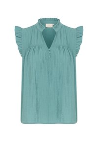 Blouse turquoise avec un haut col froncé, des manches courtes flottantes et un tissu texturé. Présente une patte de boutonnage partielle à l'avant.